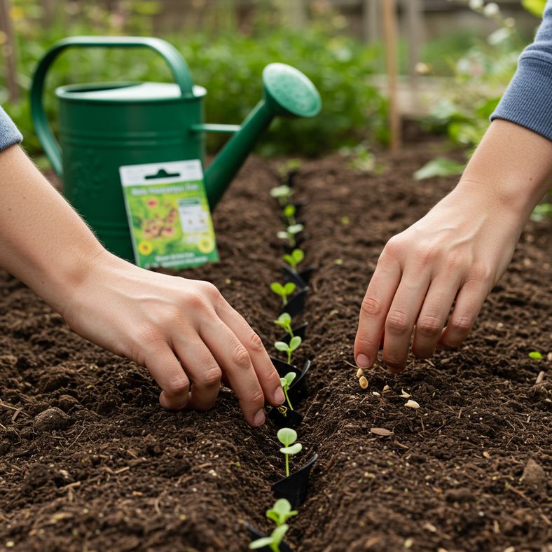 Hands sowing turnip seeds in shallow garden drill with watering can nearby
