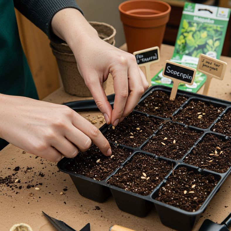 Hands sowing winter vegetable seeds in module trays with proper spacing and labeling