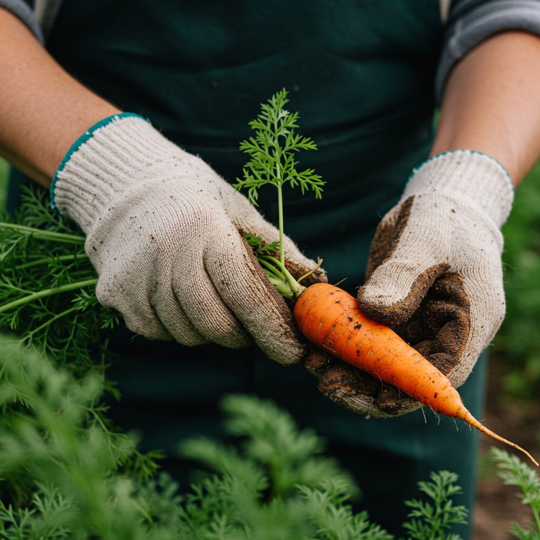 Hands testing carrot readiness by gently lifting and examining the crown