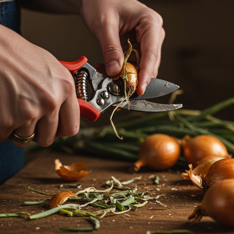 Hands trimming dried onion foliage with secateurs after curing process showing proper preparation technique