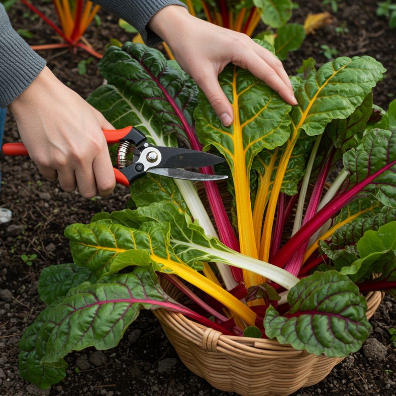 Harvesting colorful Swiss chard leaves with secateurs in autumn garden