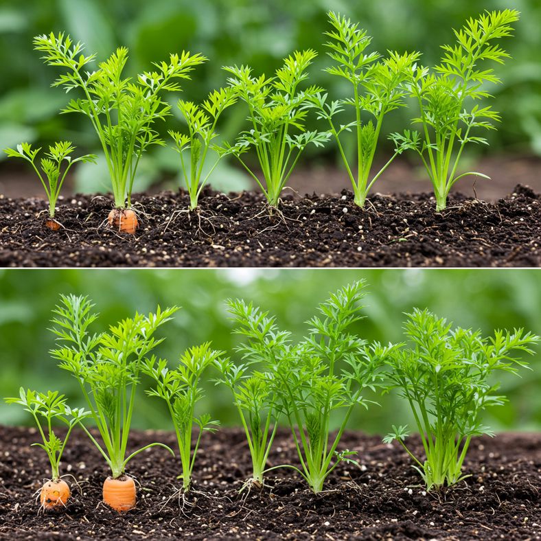 Healthy carrot top plants showing successful growth in various stages
