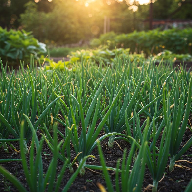 Healthy onion plants growing without pest damage