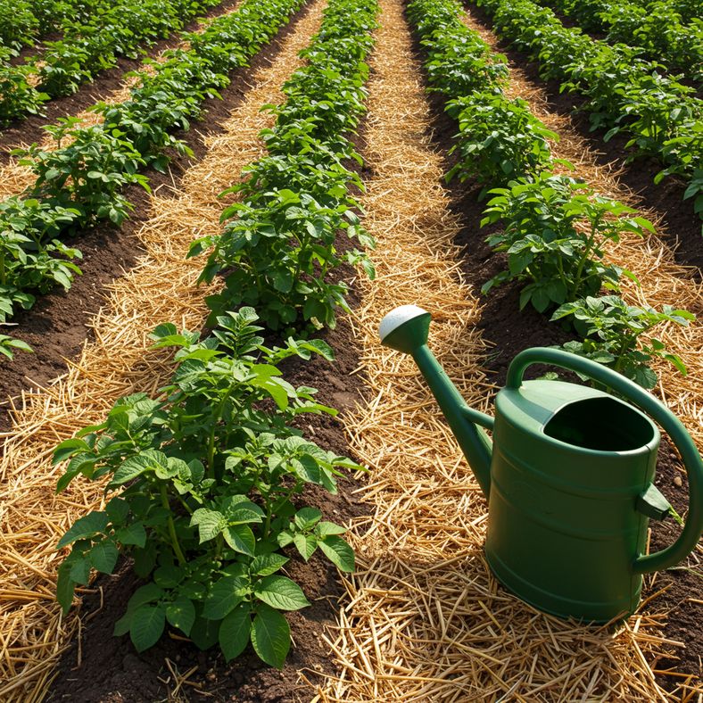 Healthy potato plants growing in summer with proper earthing up and mulching visible
