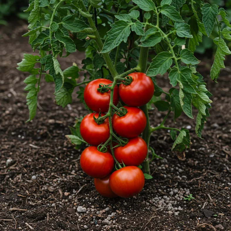 Healthy tomato plant with ripe red tomatoes growing in organic garden soil with fertilizer application