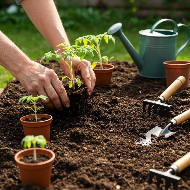 Healthy tomato seedlings being transplanted from containers into garden bed with proper spacing