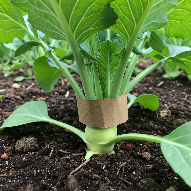 Healthy turnip plant with protective collar around stem showing pest management technique