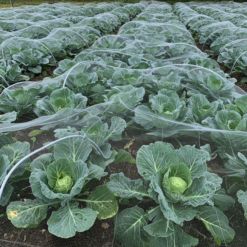 Healthy winter cabbage plants protected by fine mesh netting