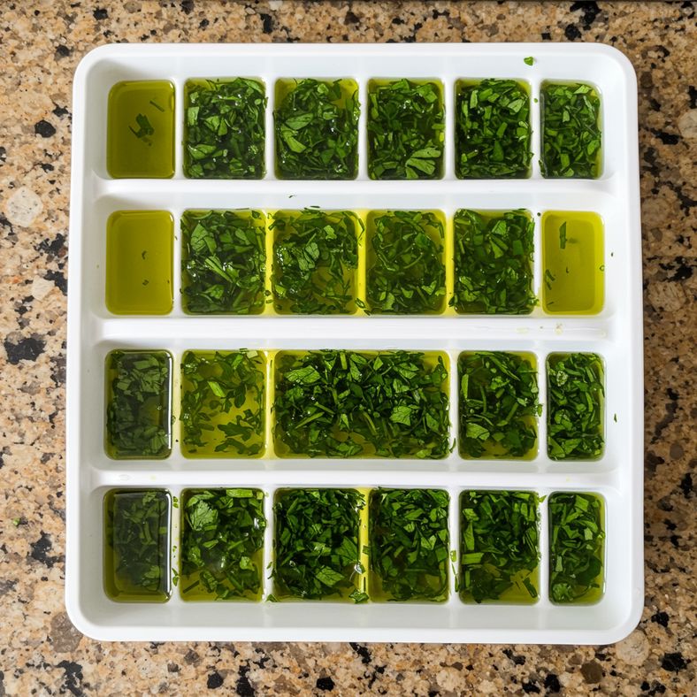 Ice cube trays filled with chopped fresh herbs in olive oil ready for freezing on a UK kitchen worktop