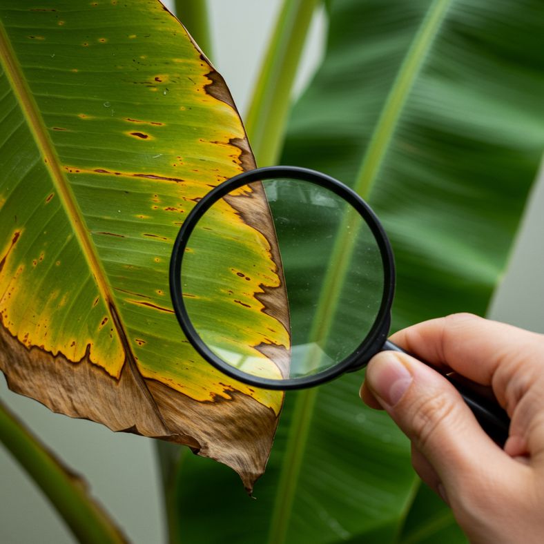 Inspecting a banana plant for common issues