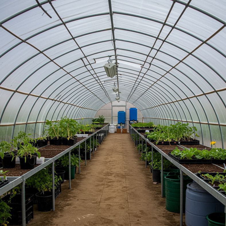 Interior view of a polytunnel filled with thriving winter vegetables and staging areas