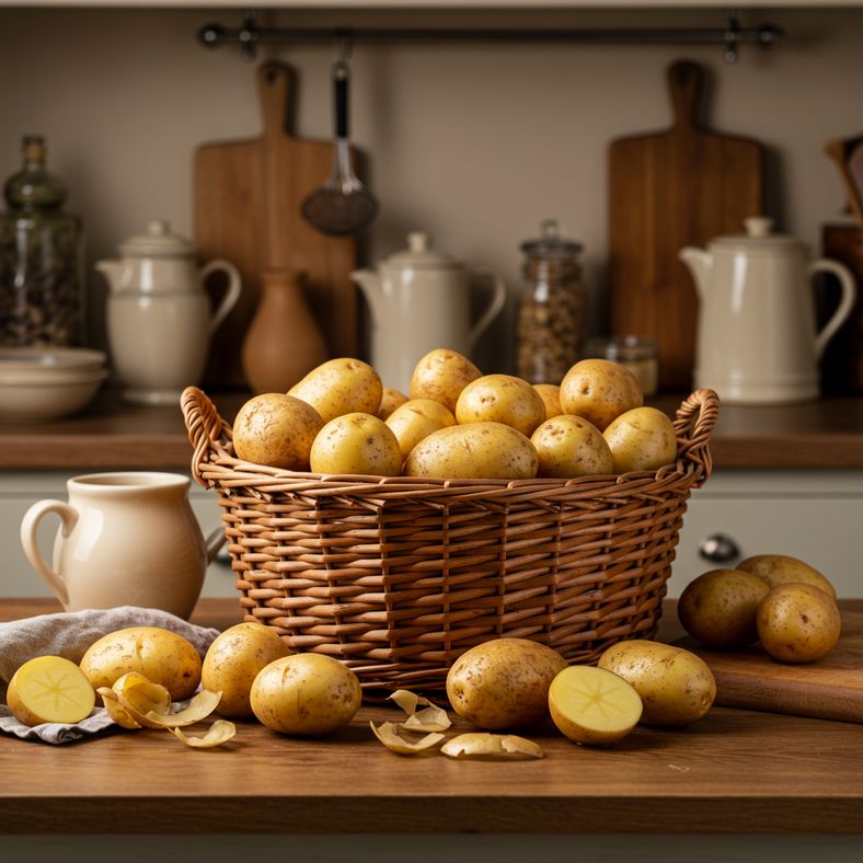 Kitchen scene showing stored potatoes being prepared for winter cooking in UK home