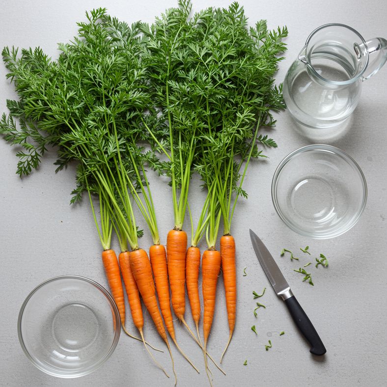Kitchen supplies laid out for regrowing carrot tops including carrots, knife, bowl and water