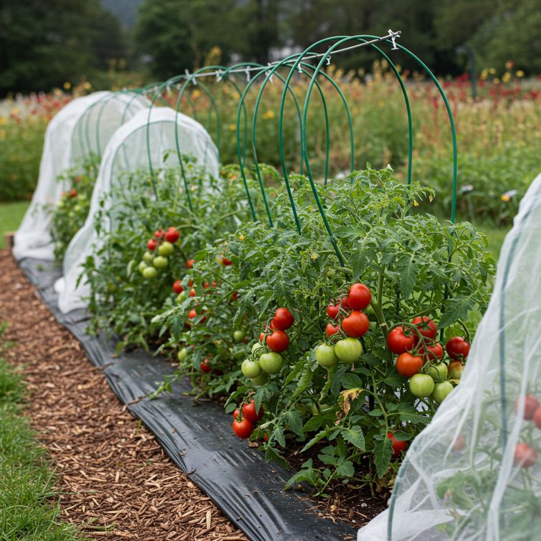Late season tomato plants with protective covers in preparation for cooler weather