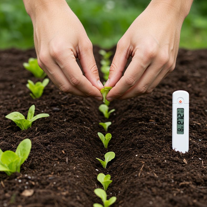 Lettuce seeds being sown in July garden with thermometer showing ideal temperature