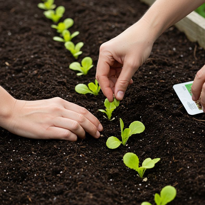 Lettuce seeds being sown in prepared UK garden bed