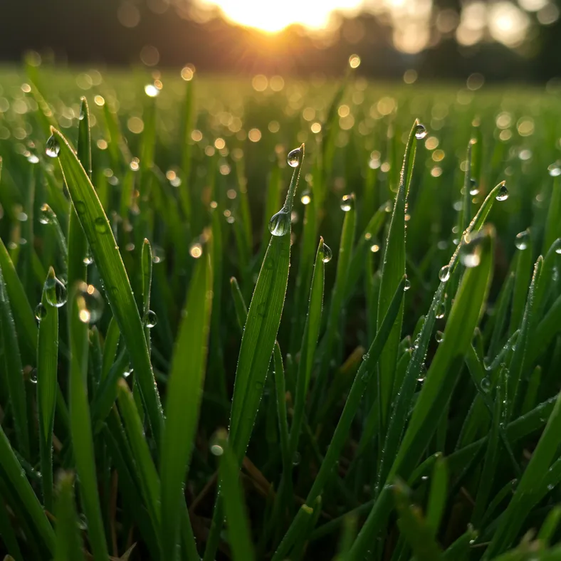 Lush green grass seedlings growing in summer sunlight with water droplets on blades