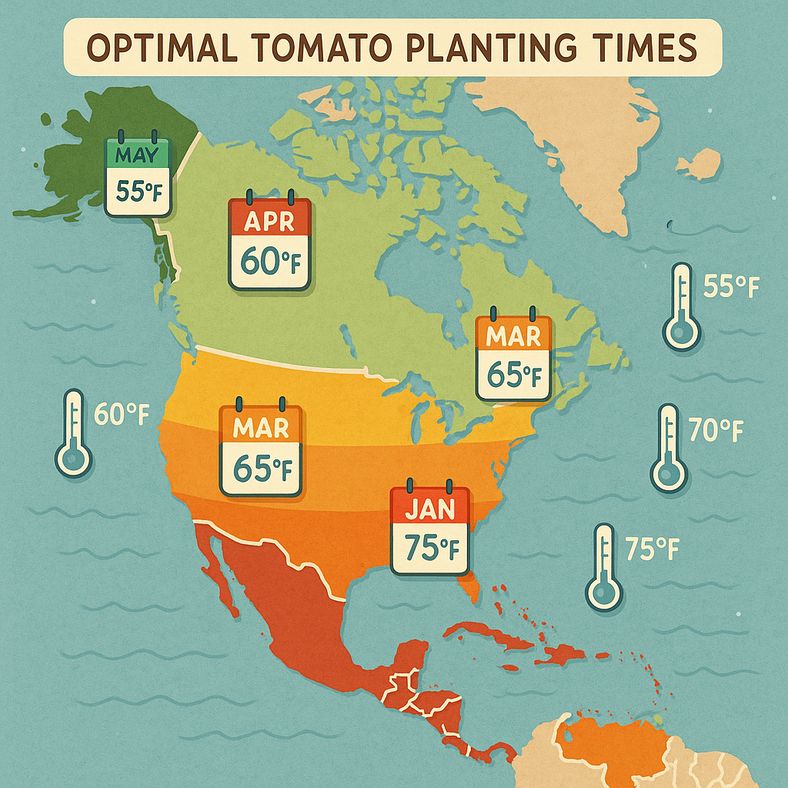 Map showing different tomato planting zones across various geographic regions