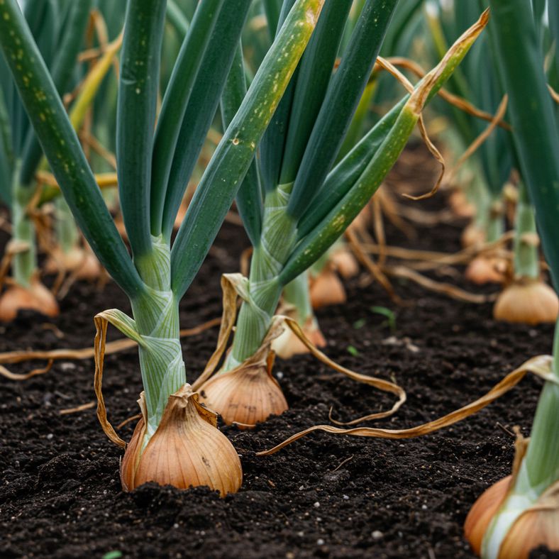 Mature onion plants showing yellowed toppled foliage ready for harvest in UK vegetable garden