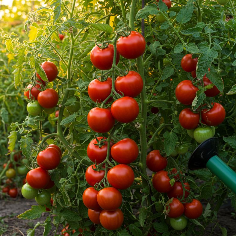 Mature tomato plant heavily laden with ripe red tomatoes receiving liquid fertilizer application from watering can