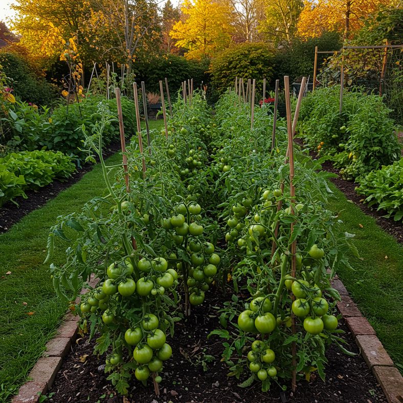 Mature tomato plants with green unripe fruits in late summer garden
