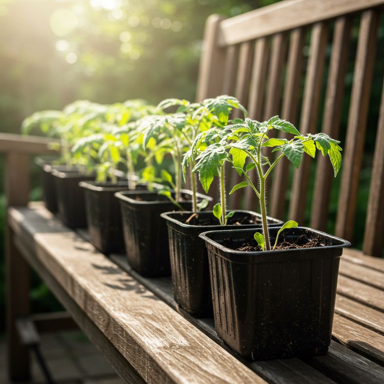Mature tomato seedlings with true leaves ready for transplanting outdoors