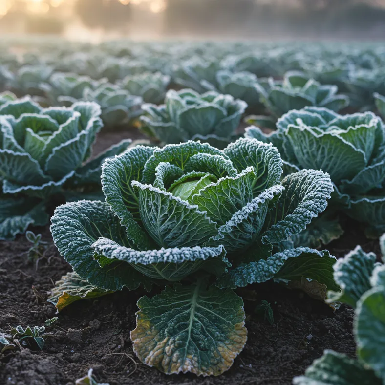 Mature winter cabbage heads with frost crystals in UK vegetable garden