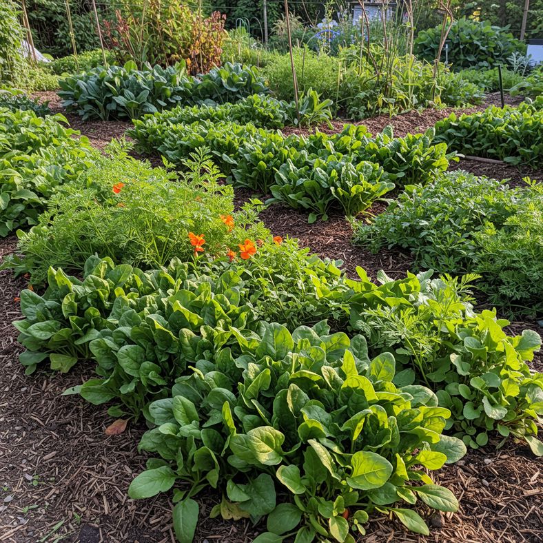 Mixed vegetable garden bed showing perpetual spinach growing alongside companion plants like carrots, radishes, and herbs in a well-designed layout