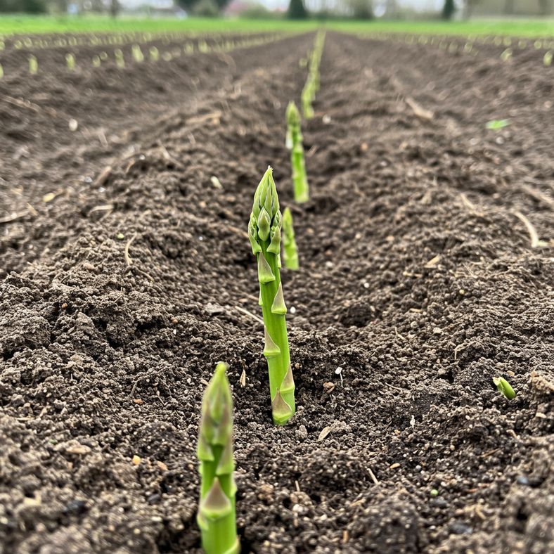 Newly planted asparagus crowns with emerging spears