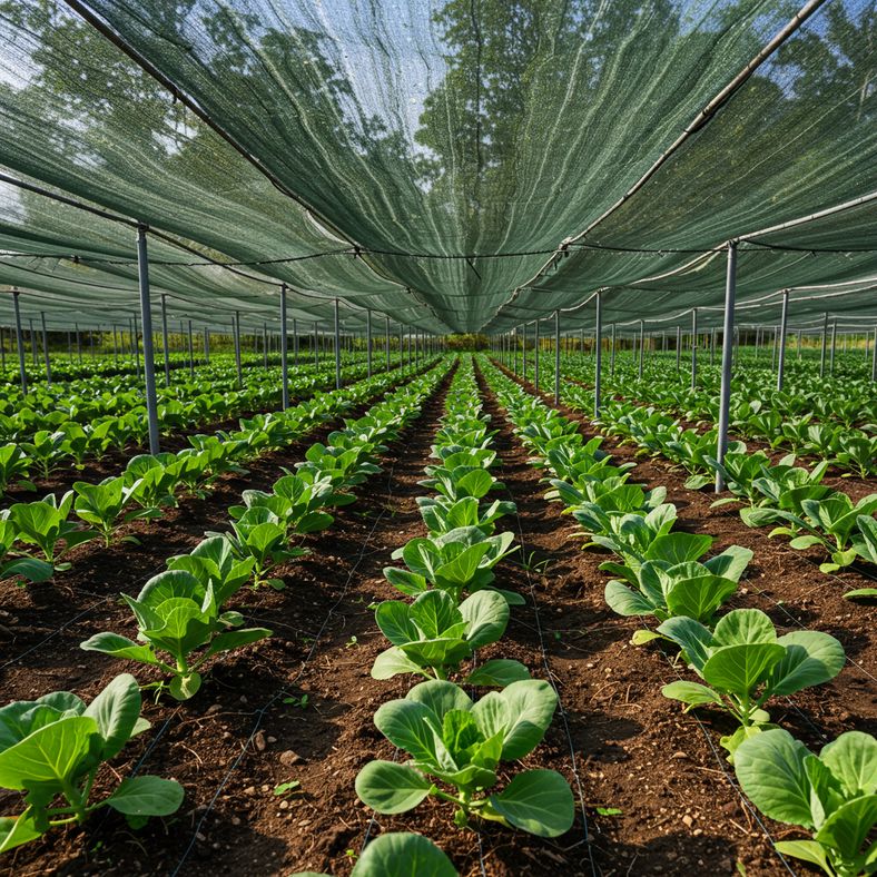 Newly transplanted cabbage seedlings with protective mesh covering