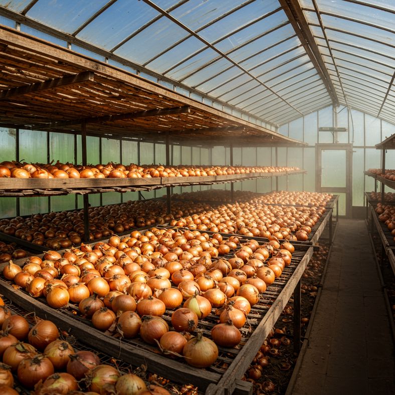 Onions arranged on wooden slatted drying racks for curing process in UK greenhouse setting