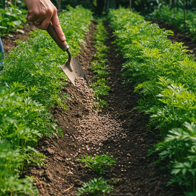 Organic fertilizer being applied between rows of carrot plants