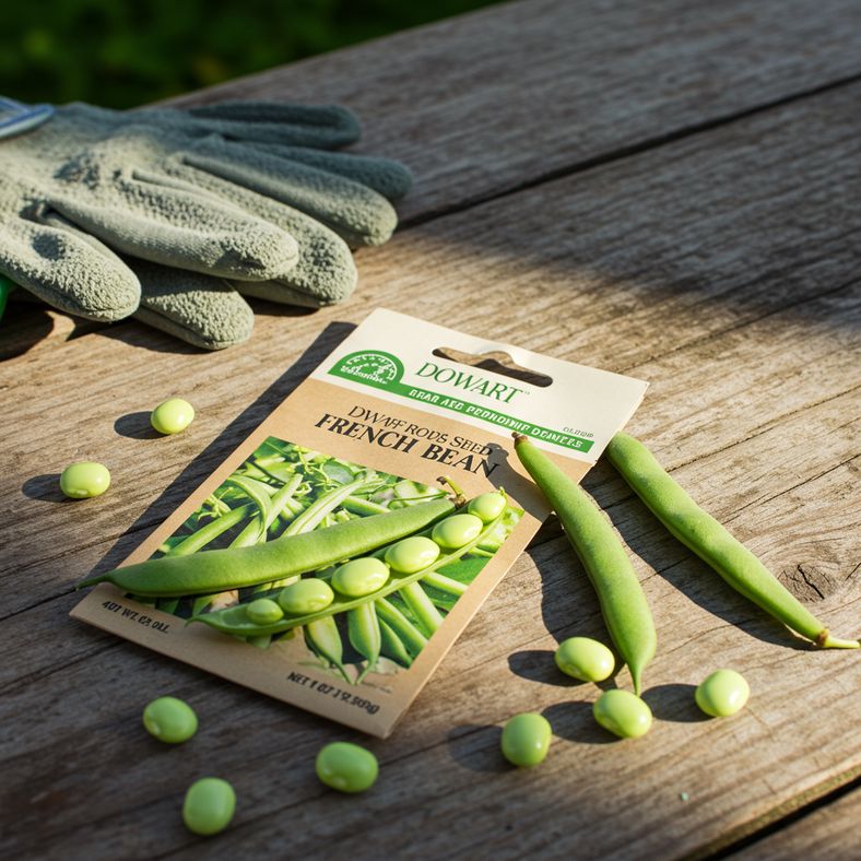Packet of dwarf French bean seeds on a garden table