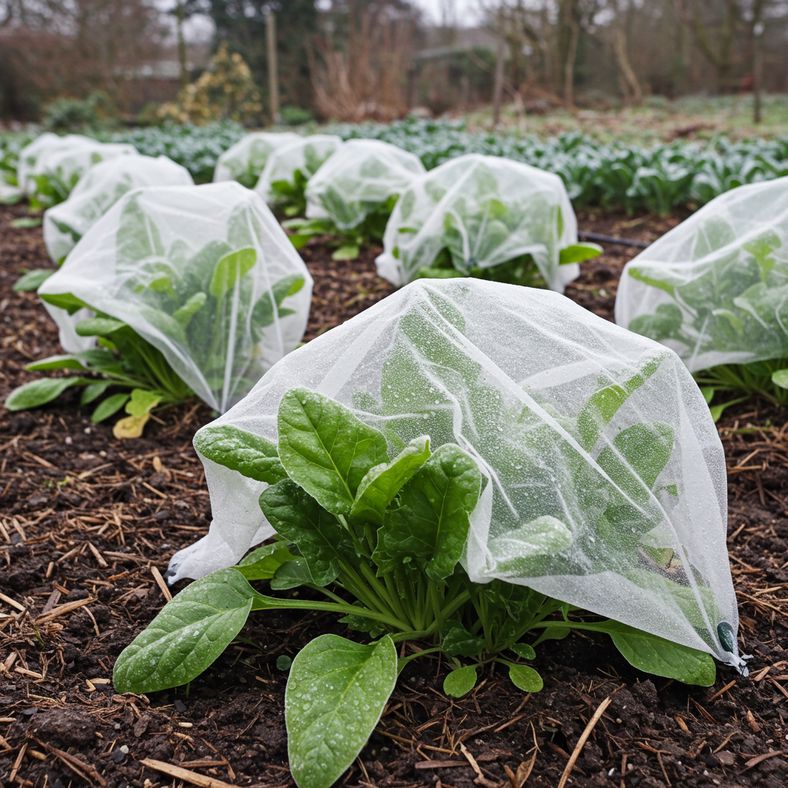 Perpetual spinach plants covered with protective fleece during winter, showing how to protect crops during cold weather