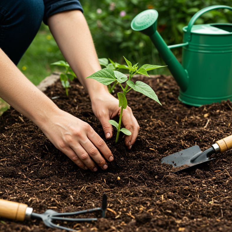 Planting dwarf French bean seedlings