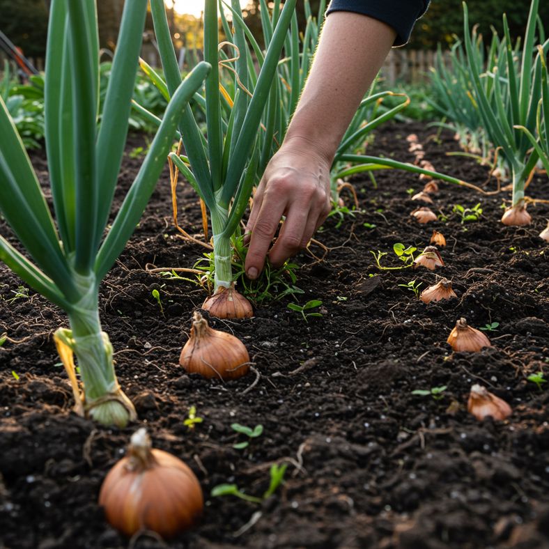Post-watering onion care showing soil cultivation and weed removal around mature bulbs