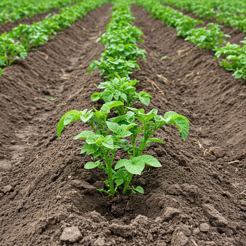 Potato plants being earthed up with soil mounded around green stems