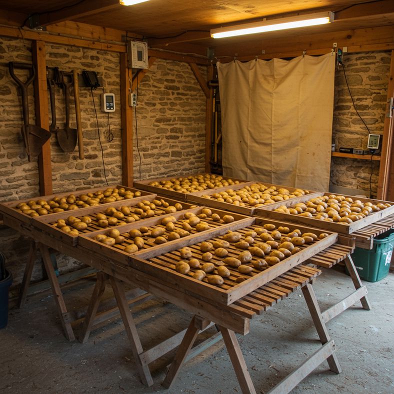 Potatoes laid out on wooden slatted trays for curing in UK garden shed