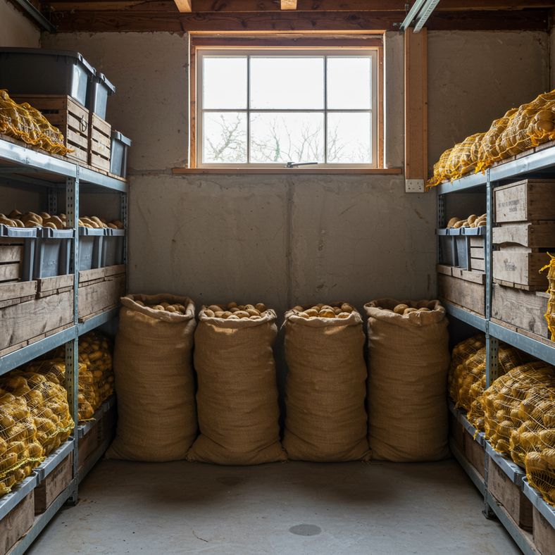 Potatoes stored in traditional hessian sacks in UK garage storage area