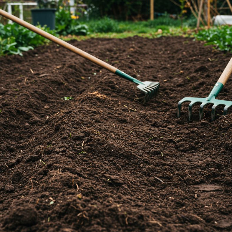 Prepared garden bed with rake marks and organic compost worked into dark soil