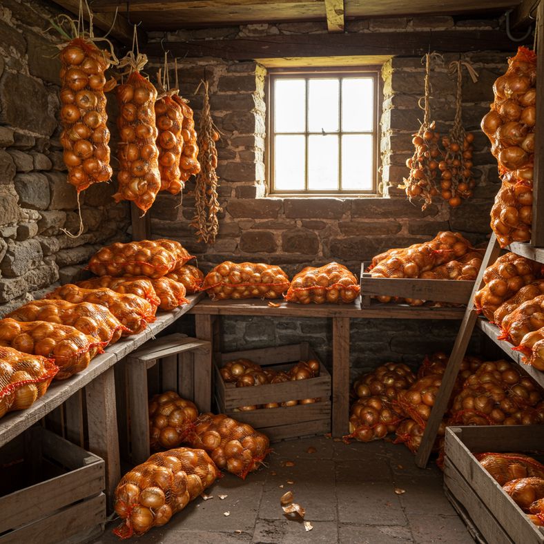 Properly stored onions showing excellent condition after months of storage from correct timing