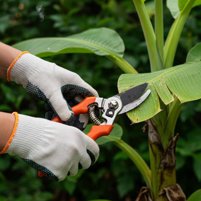 Pruning dead leaves from a banana plant