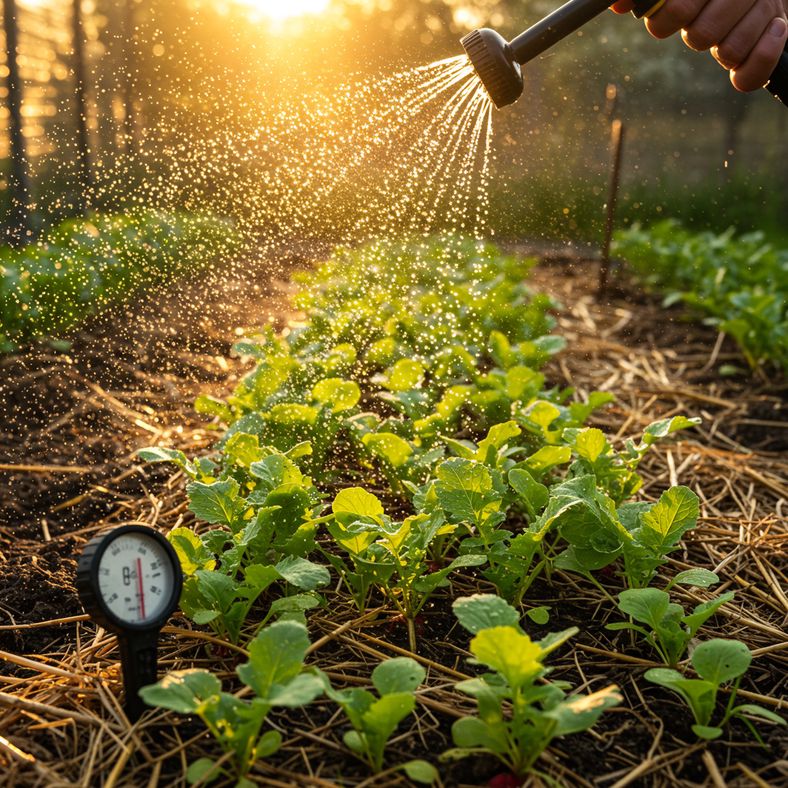 Radish seedlings being watered with garden hose in summer heat protection setup