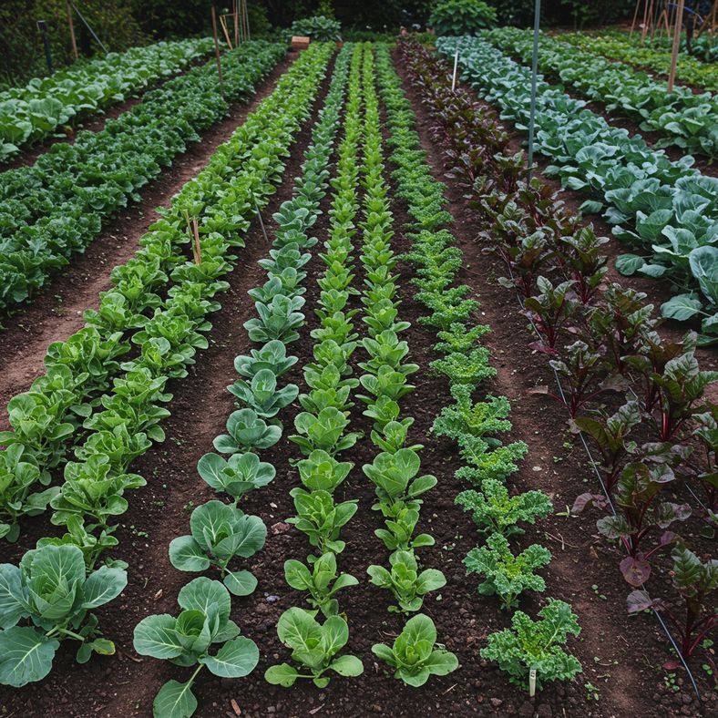 Row of healthy winter brassica seedlings including kale, cabbage and Swiss chard in a vegetable garden