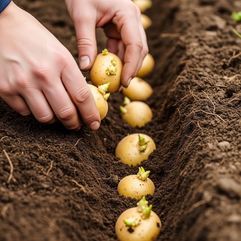 Seed potatoes being planted in a prepared trench with visible sprouting eyes