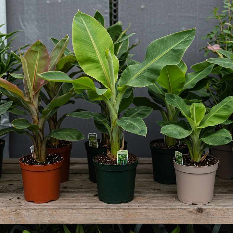 Selection of banana plants in pots at a UK garden centre