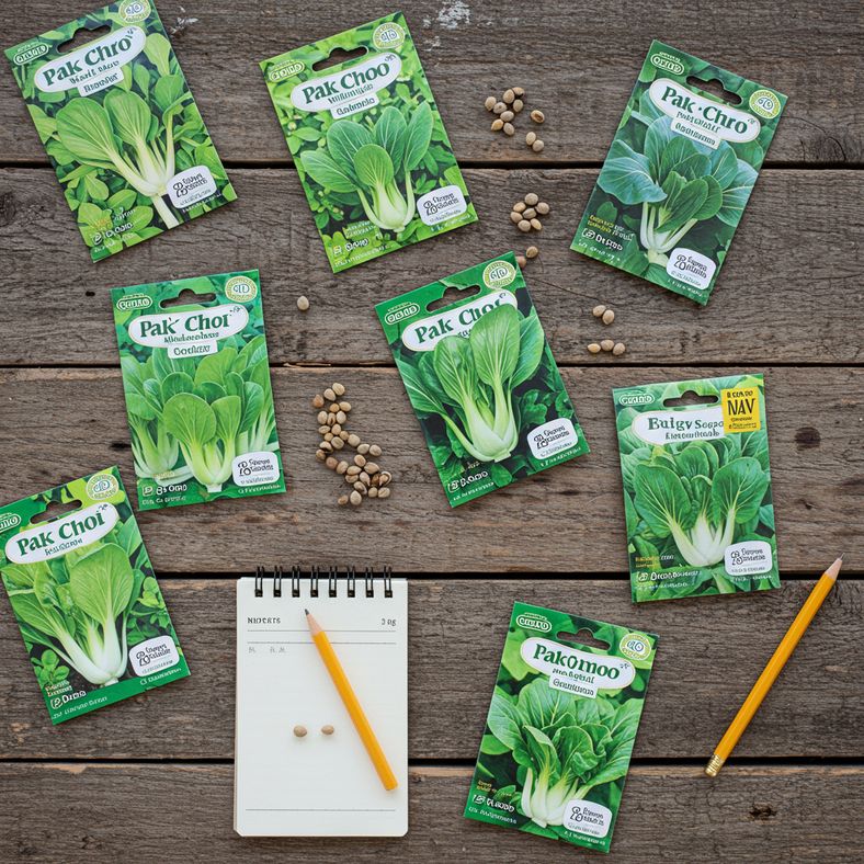 Selection of different pak choi seed packets showing bolt-resistant varieties suitable for summer growing