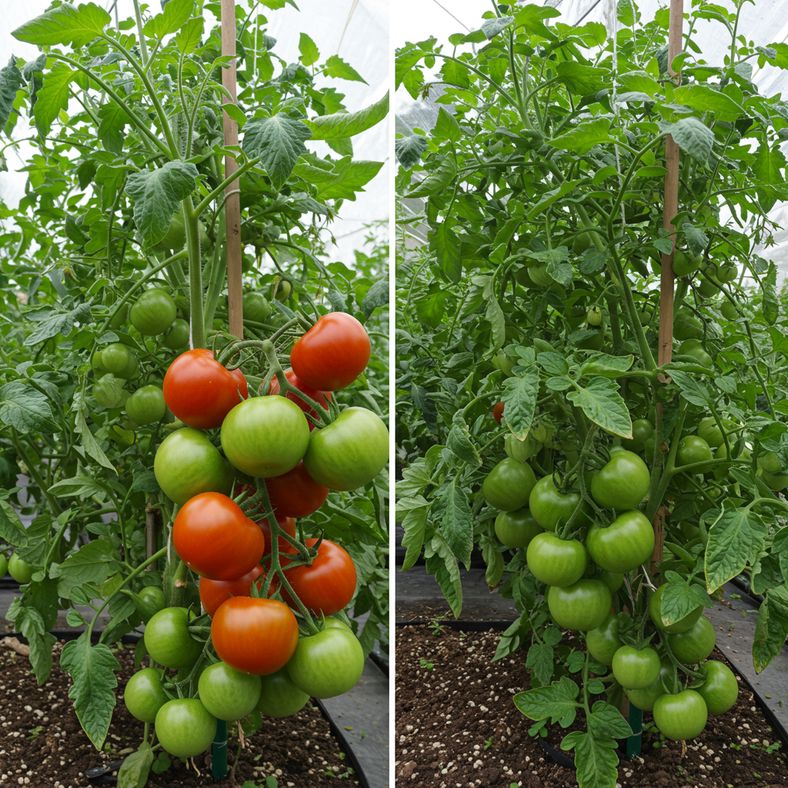 Side-by-side comparison showing healthy tomato plant versus over-fertilized plant with excessive foliage but few fruits