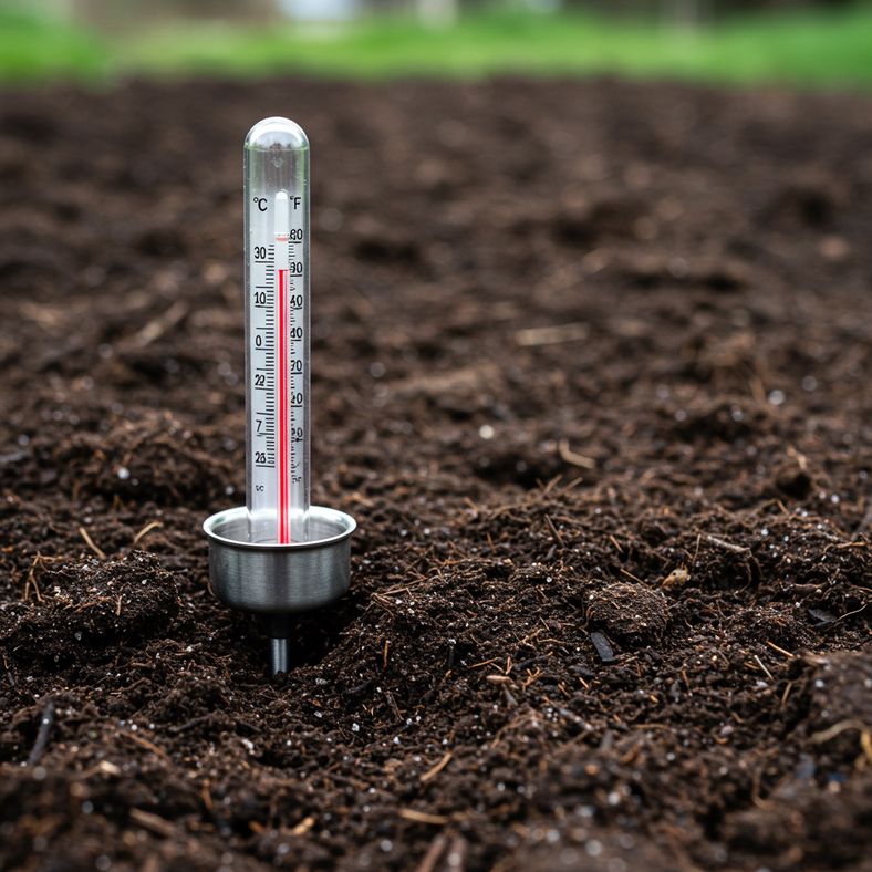 Soil thermometer measuring ground temperature in prepared garden bed for tomato planting