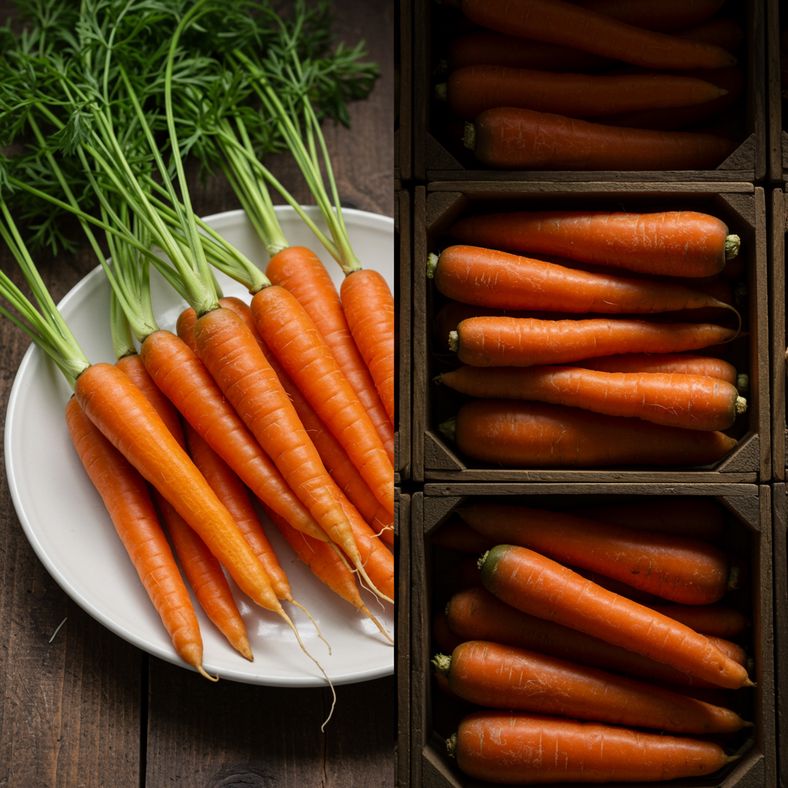 Split scene showing fresh carrots for immediate eating and storage carrots in wooden crates